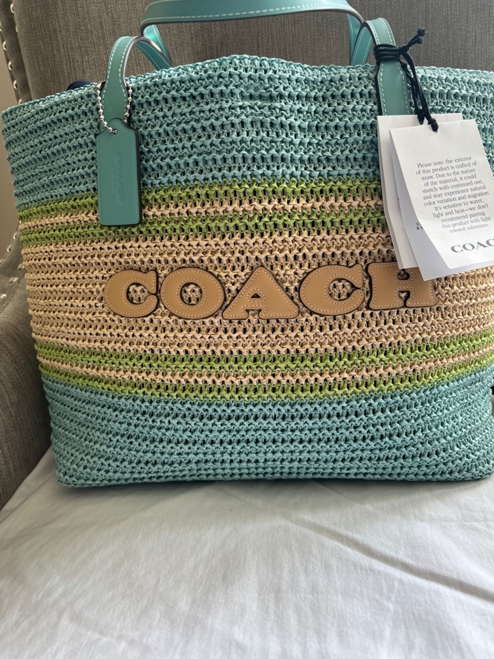 NWT Coach Straw City Tote Light Turquoise Multi -Limited seasonal release - Picture 6 of 9